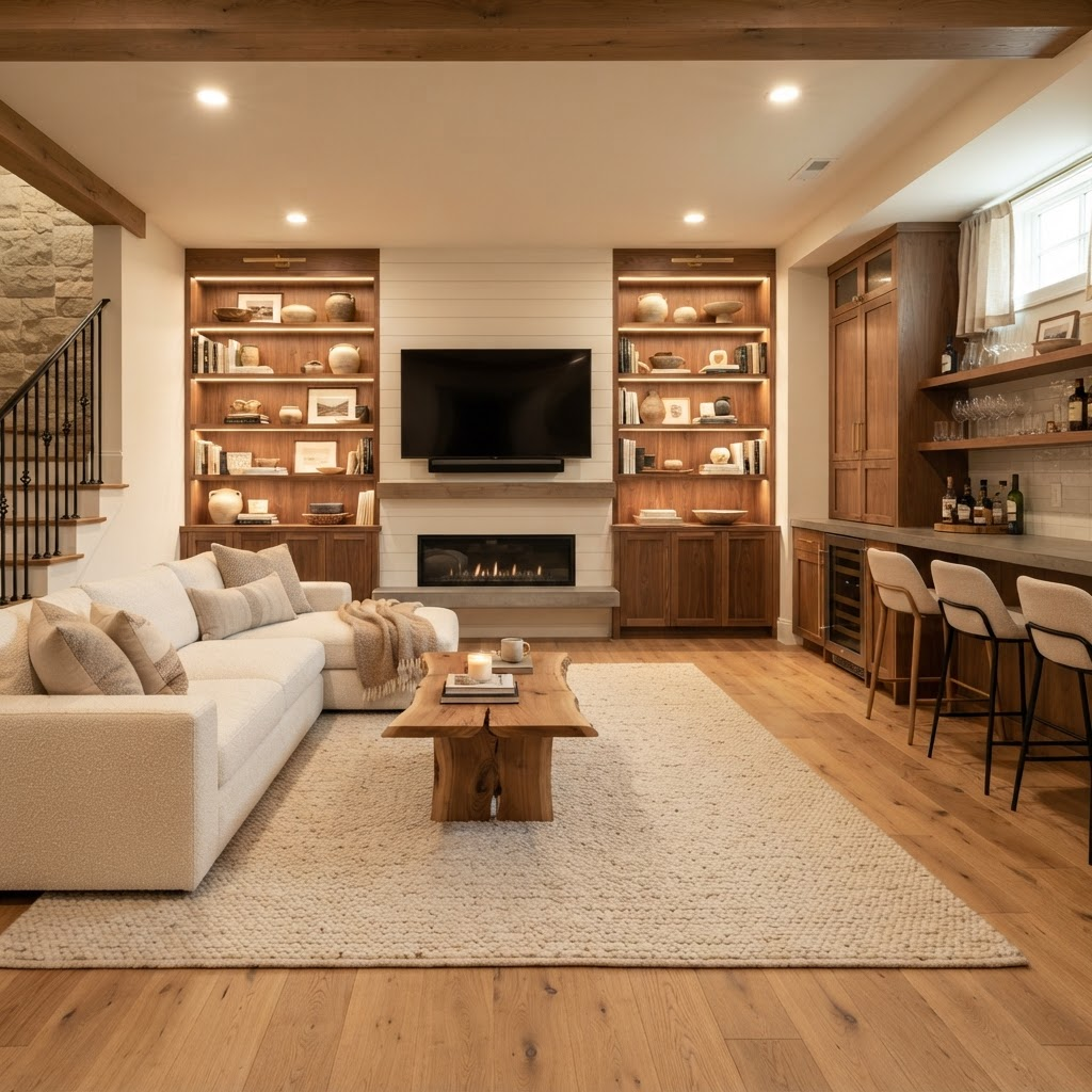 Finished basement living space with built-in shelving and bar area