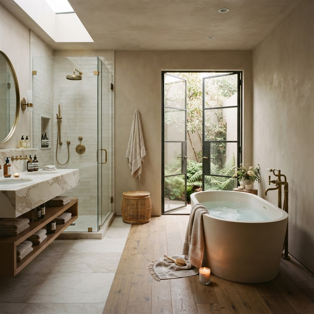 Spa-like master bathroom with stone soaking tub and walk-in shower