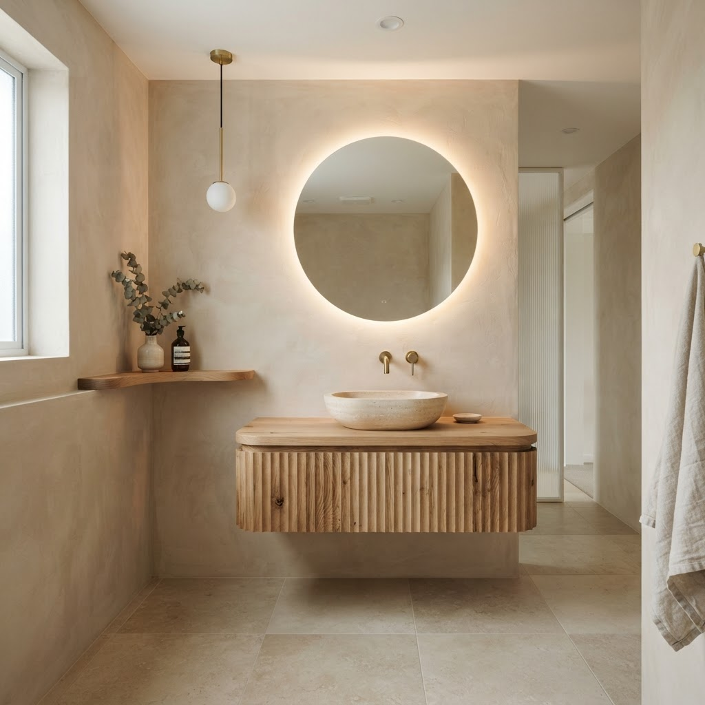 Modern powder room with warm plaster walls and floating oak vanity
