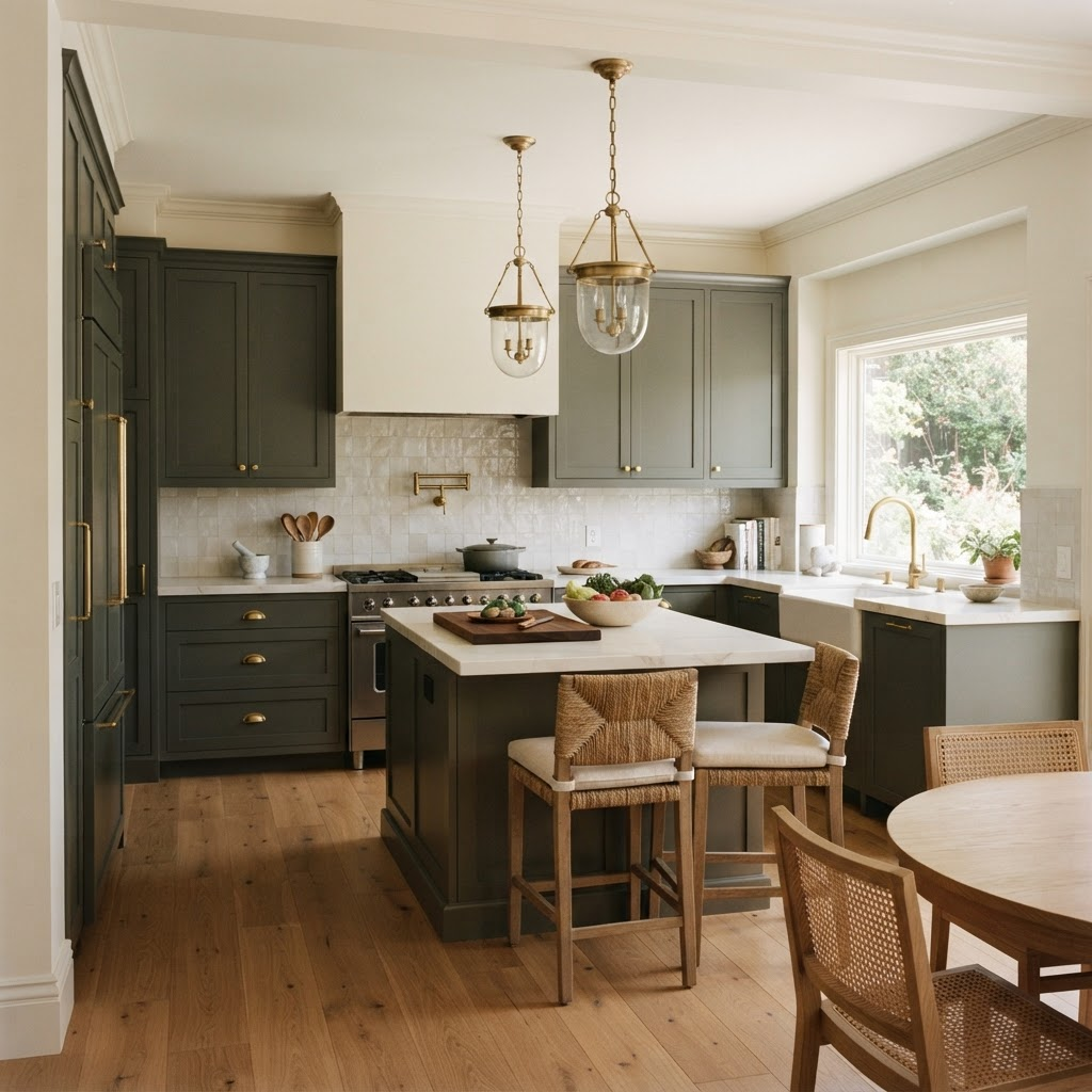 Transitional kitchen remodel with green-gray cabinets and brass hardware