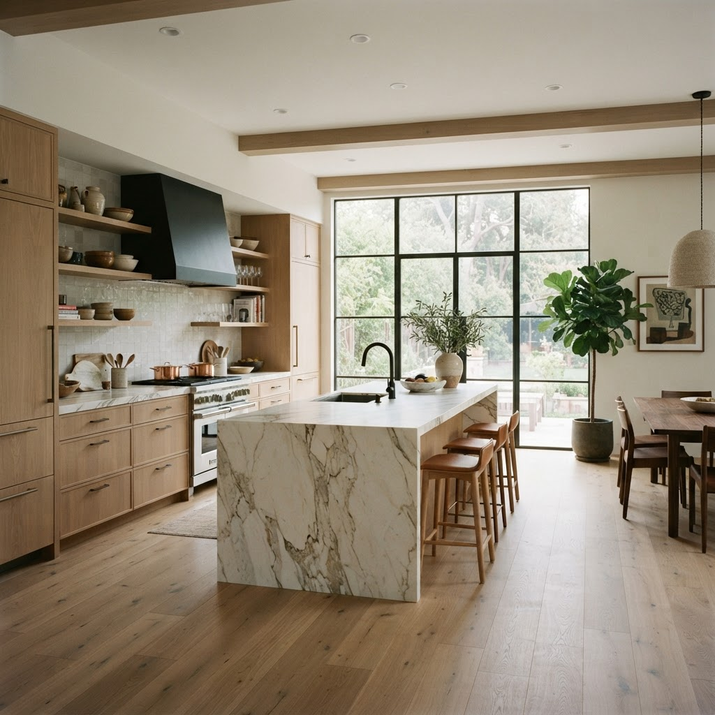 Luxury kitchen renovation with white oak cabinetry and honed marble island